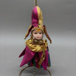 Vintage Porcelain Jester Ornament Pink Gold Harlequin Doll Pierrot Bells 1980s